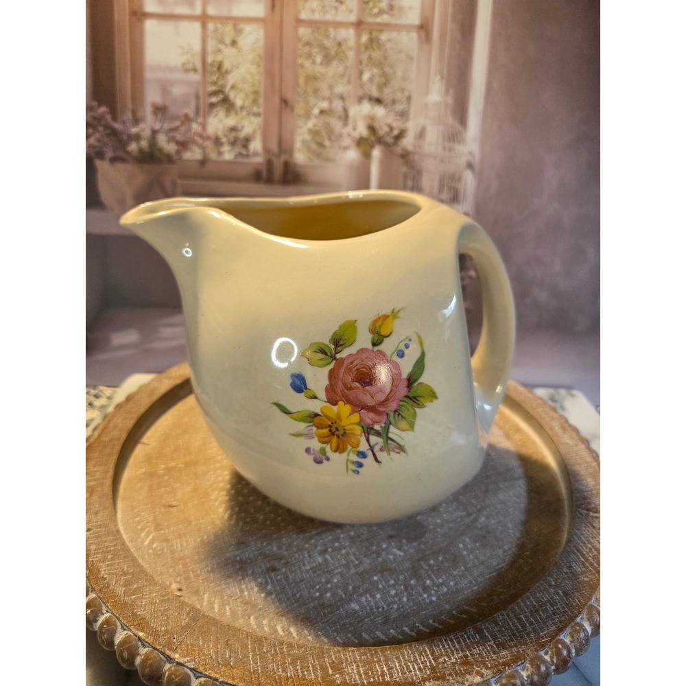 Vintage Floral water jug Cream Color USA Ceramic Rose Flower Decor Farmhouse - Picture 7 of 13